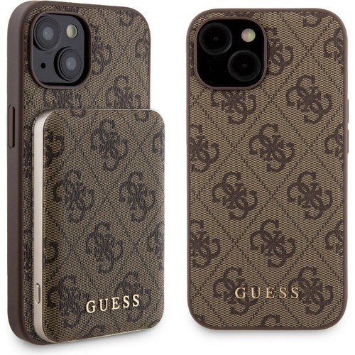 Apple iPhone 15 Uyumlu Kılıf Guess Orjinal Lisanslı M-safe Şarj Özellikli Yazı Logolu 4G Desenli Kapak + Powerbank 5000mAh 2in1 Set