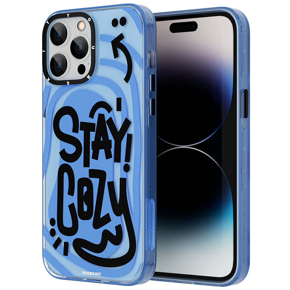 [RNZ-TA85952] Apple iPhone 14 Pro Uyumlu Kılıf Mutlu Mod Figürlü YoungKit Happy Mood Serisi Kapak (Mavi)