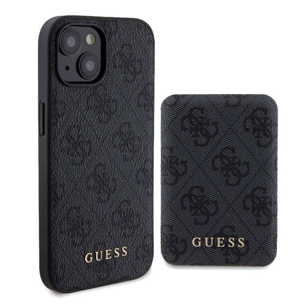 [ZTA97550] Apple iPhone 15 Uyumlu Kılıf Guess Orjinal Lisanslı M-safe Şarj Özellikli Yazı Logolu 4G Desenli Kapak + Powerbank 5000mAh 2in1 Set (Siyah)