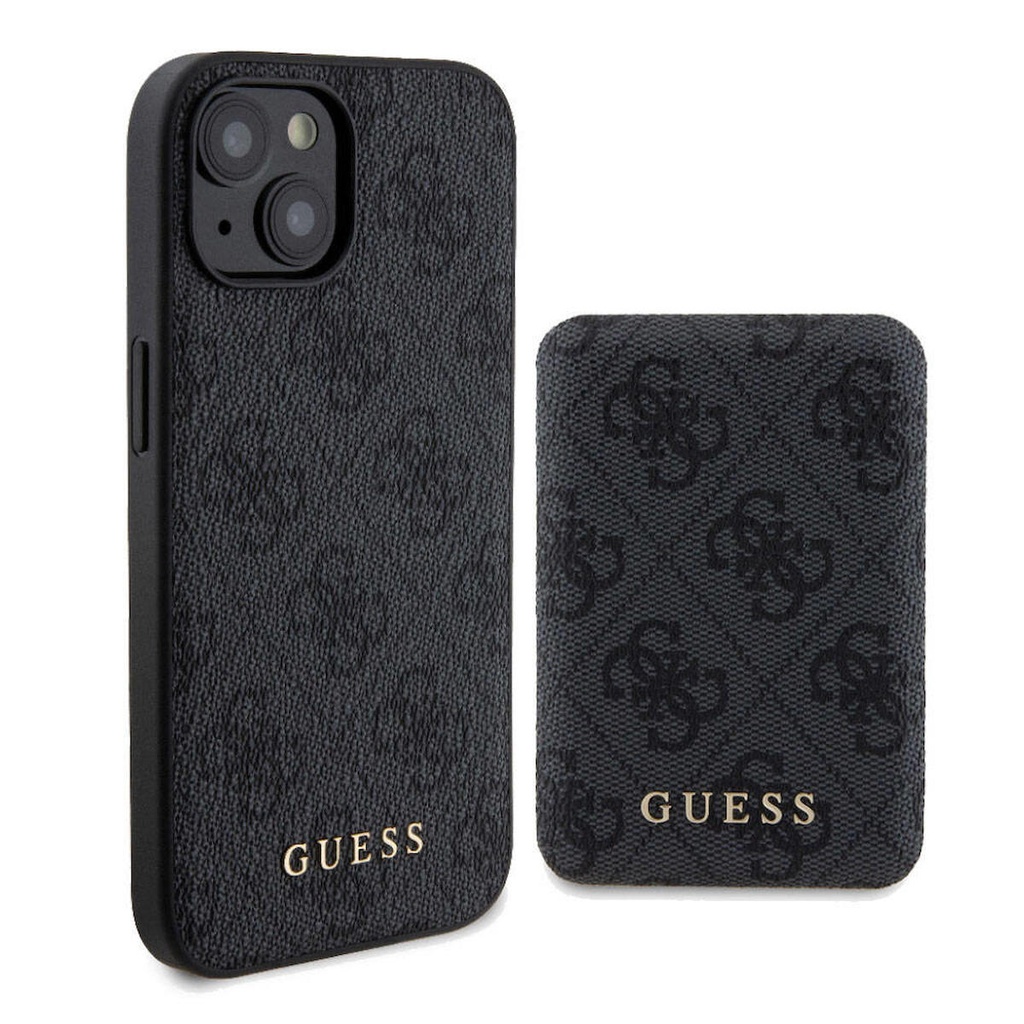 Apple iPhone 15 Uyumlu Kılıf Guess Orjinal Lisanslı M-safe Şarj Özellikli Yazı Logolu 4G Desenli Kapak + Powerbank 5000mAh 2in1 Set