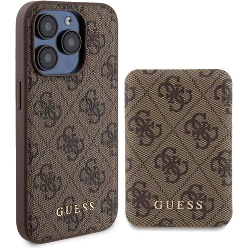 Apple iPhone 15 Pro Uyumlu Kılıf Guess Orjinal Lisanslı M-safe Şarj Özellikli Yazı Logolu 4G Desenli Kapak + Powerbank 5000mAh 2in1 Set