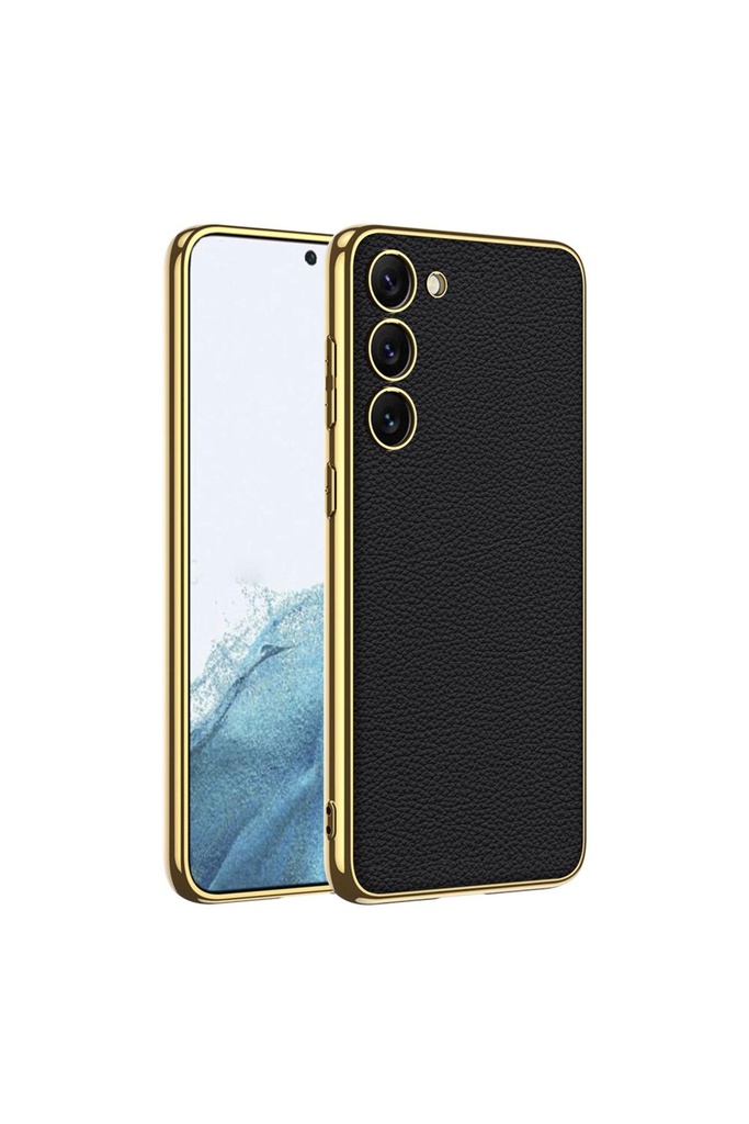 [RNZ-TA86233] Samsung Galaxy S23 Uyumlu Kılıf Deri Görünümlü Kenarları Elektroplating Kaplama Zore Fizyon Kapak (Siyah)