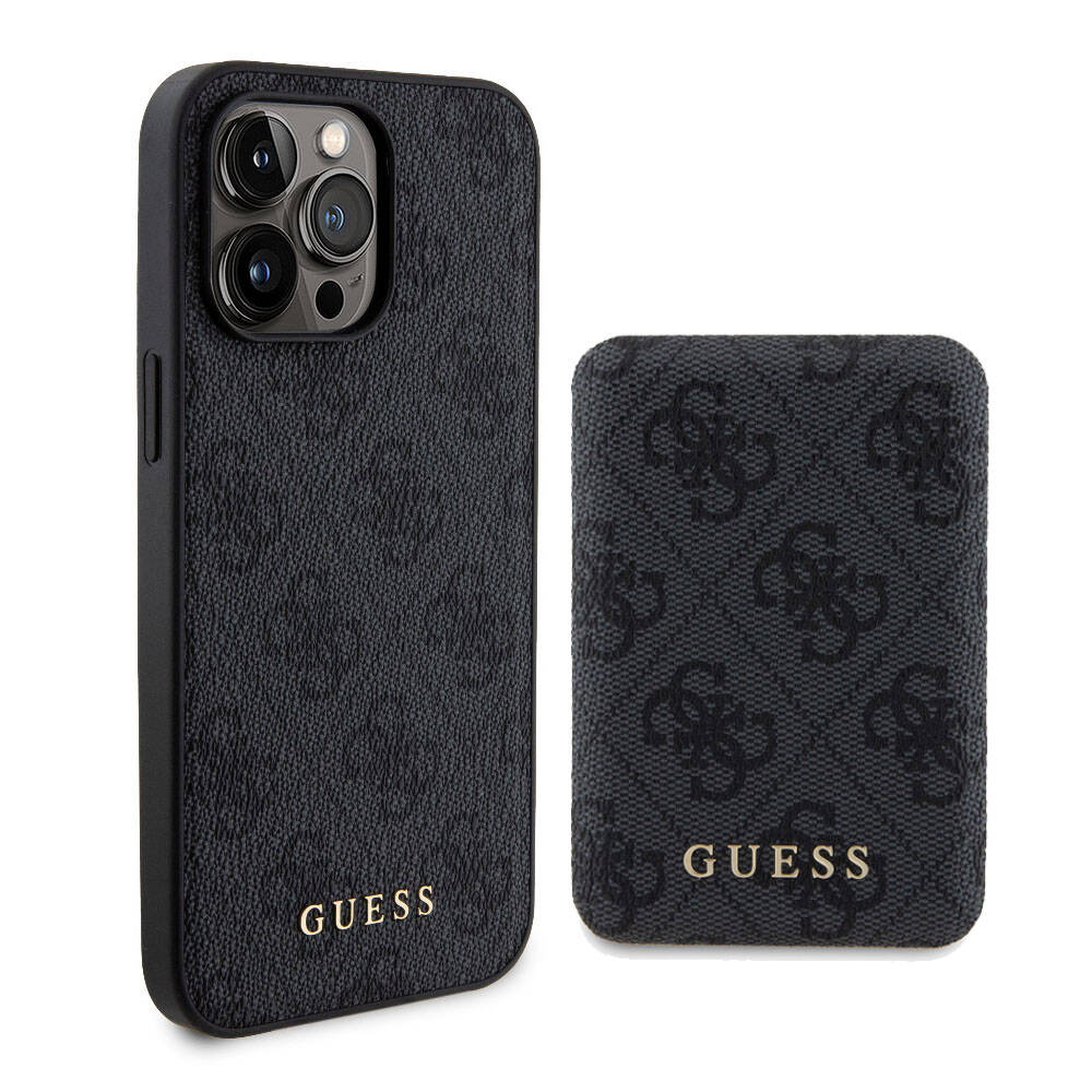 [ZTA97552] Apple iPhone 15 Pro Uyumlu Kılıf Guess Orjinal Lisanslı M-safe Şarj Özellikli Yazı Logolu 4G Desenli Kapak + Powerbank 5000mAh 2in1 Set (Siyah)