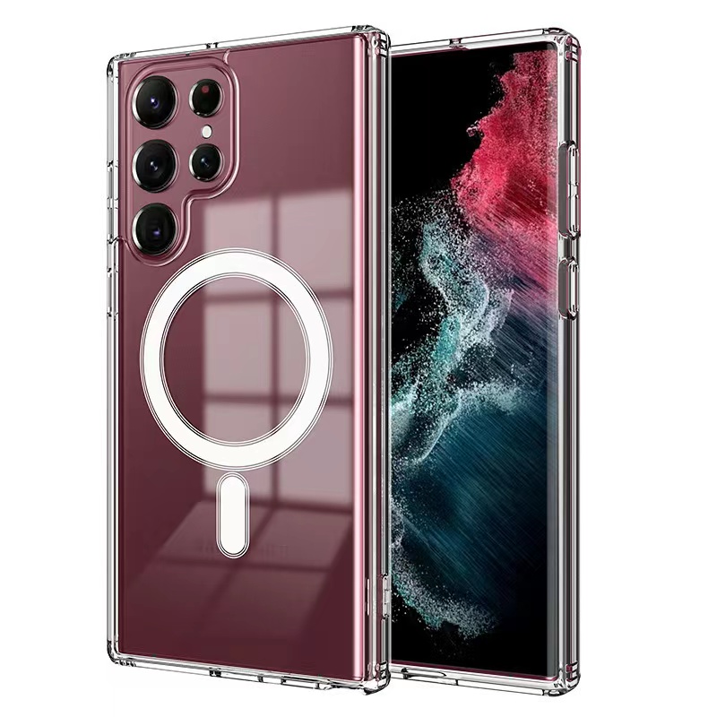 Samsung Galaxy S22 Ultra Uyumlu Kılıf Zore M-safe Şarj Özellikli Şeffaf Sert PC Zore Embos Kapak