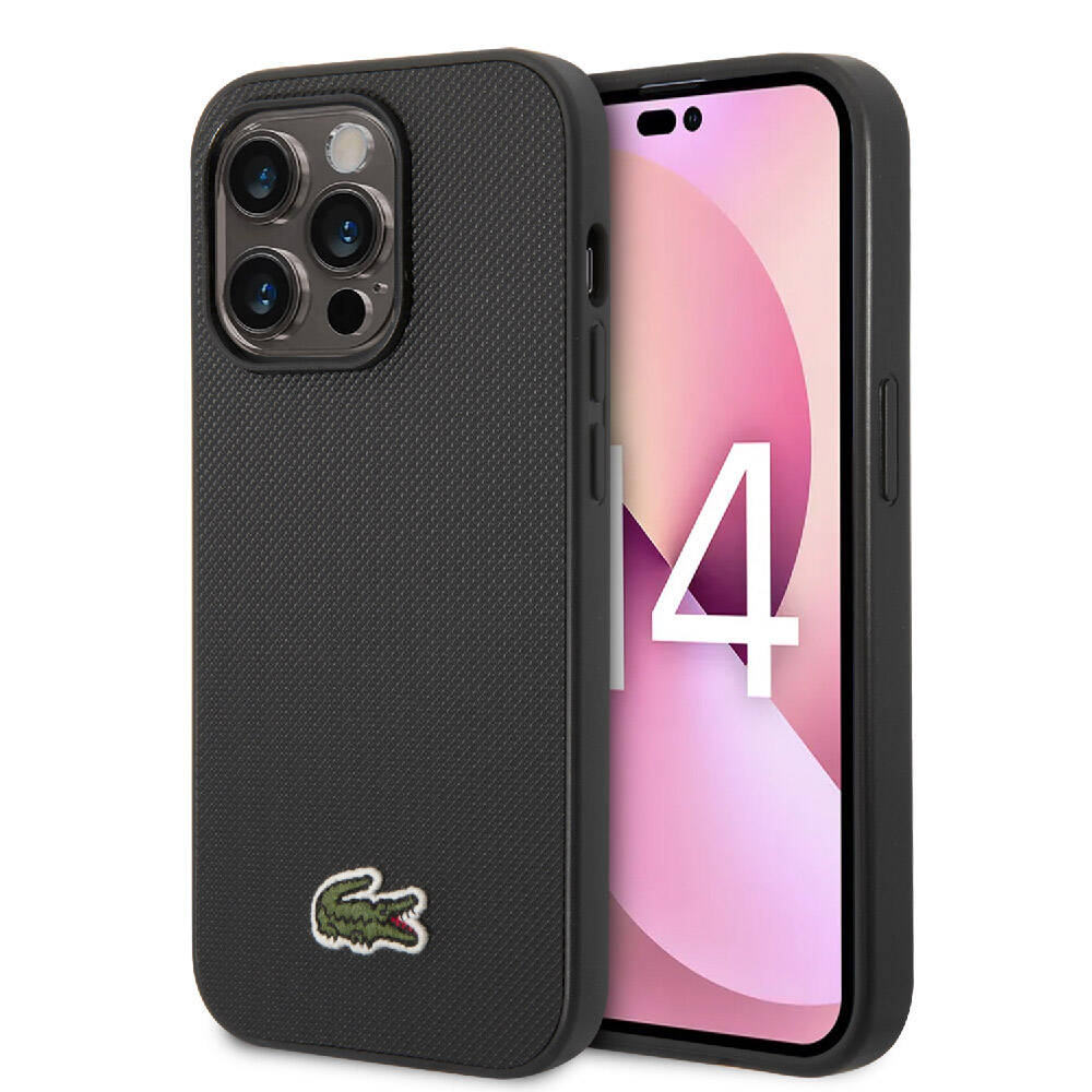 [ZTA97573] Apple iPhone 14 Pro Uyumlu Kılıf Lacoste Orjinal Lisanslı PU Pike Desenli Arka Yüzey İkonik Timsah Dokuma Logolu Kapak (Siyah)