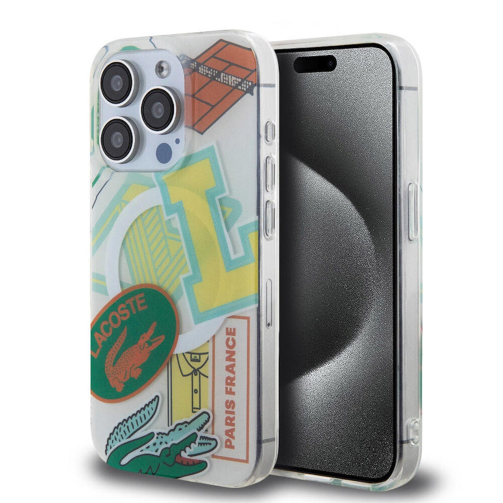 Apple iPhone 15 Pro Uyumlu Kılıf Lacoste Orjinal Lisanslı M-safe Şarj Özellikli Çift Katmanlı Yamalar Desenli Kapak