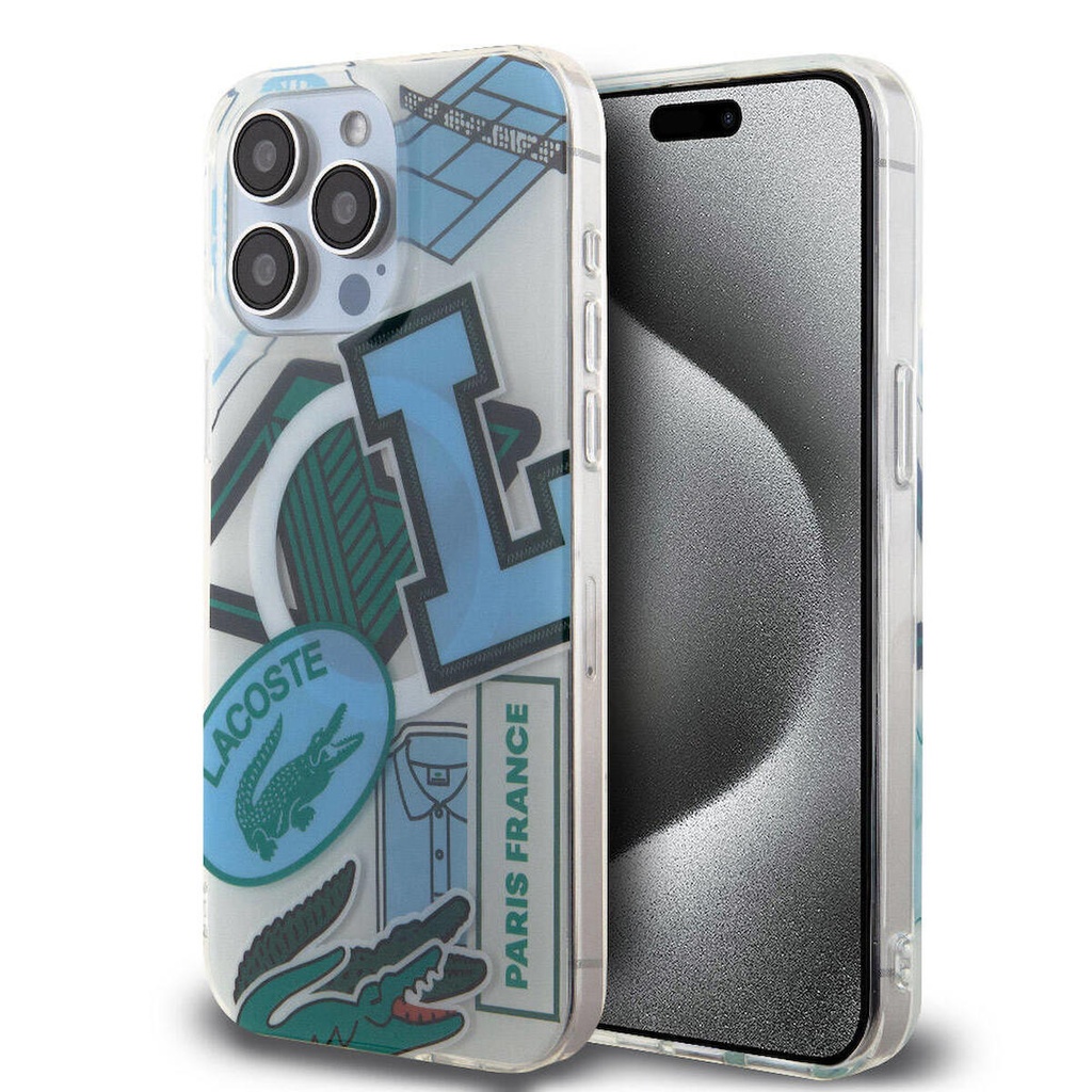 Apple iPhone 15 Pro Max Uyumlu Kılıf Lacoste Orjinal Lisanslı M-safe Şarj Özellikli Çift Katmanlı Yamalar Desenli Kapak