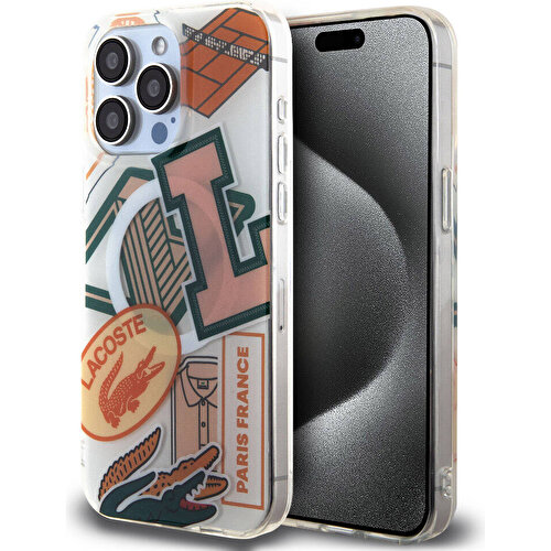 Apple iPhone 15 Pro Max Uyumlu Kılıf Lacoste Orjinal Lisanslı M-safe Şarj Özellikli Çift Katmanlı Yamalar Desenli Kapak