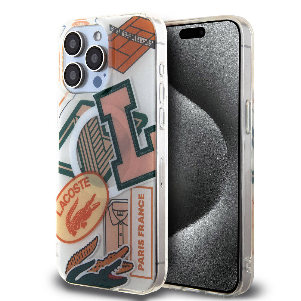 Apple iPhone 15 Pro Max Uyumlu Kılıf Lacoste Orjinal Lisanslı M-safe Şarj Özellikli Çift Katmanlı Yamalar Desenli Kapak