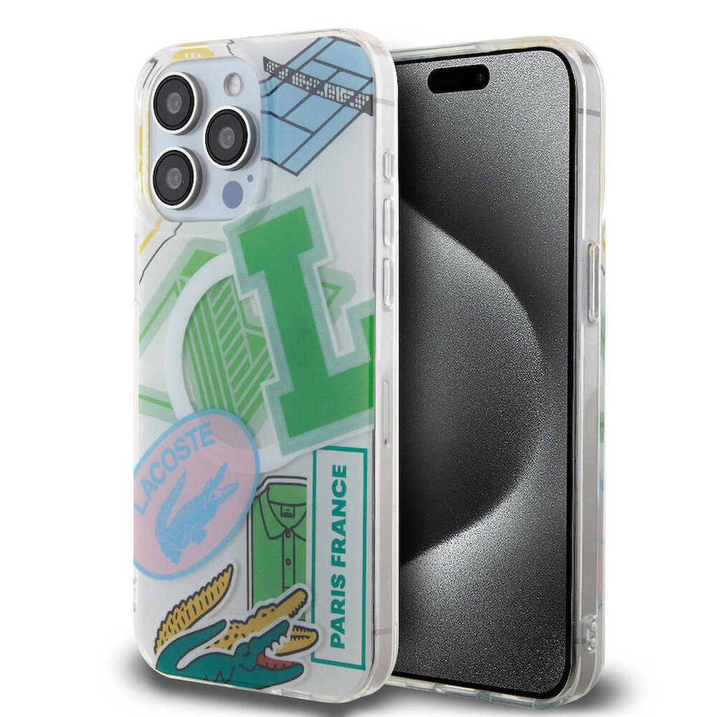Apple iPhone 15 Pro Max Uyumlu Kılıf Lacoste Orjinal Lisanslı M-safe Şarj Özellikli Çift Katmanlı Yamalar Desenli Kapak