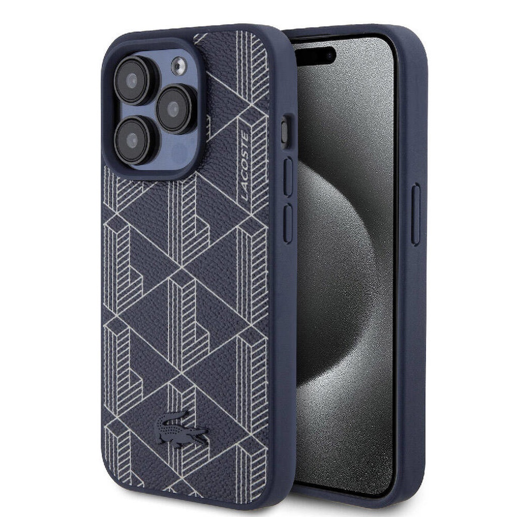 Apple iPhone 15 Pro Uyumlu Kılıf Lacoste Orjinal Lisanslı M-safe Şarj Özellikli PU Deri Görünümlü Karışık Monogram Desenli Kapak