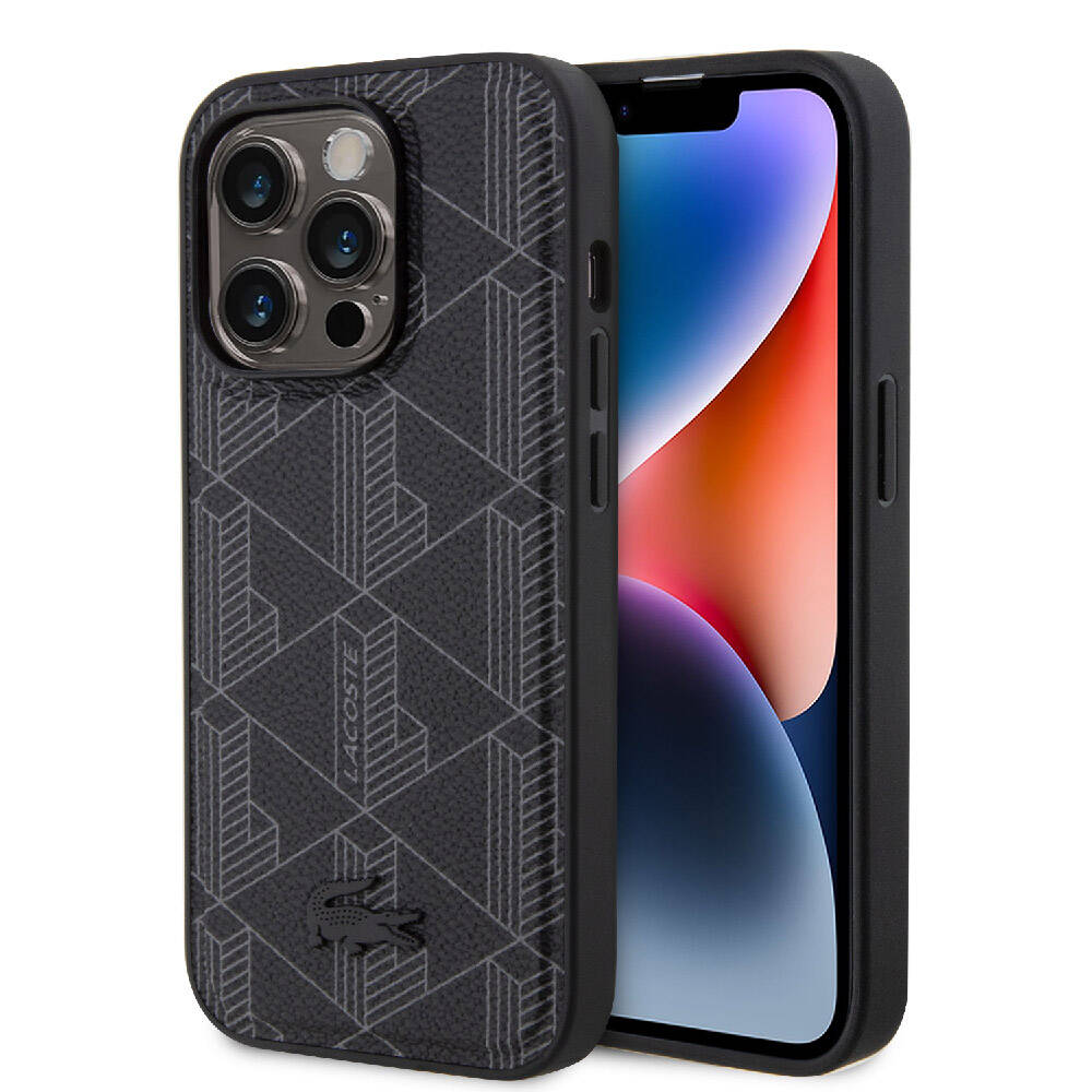 [ZTA97589] Apple iPhone 15 Pro Uyumlu Kılıf Lacoste Orjinal Lisanslı M-safe Şarj Özellikli PU Deri Görünümlü Karışık Monogram Desenli Kapak (Siyah)