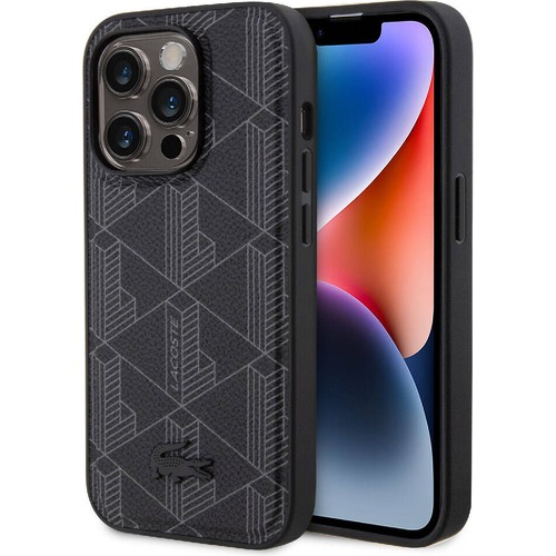 Apple iPhone 15 Pro Uyumlu Kılıf Lacoste Orjinal Lisanslı M-safe Şarj Özellikli PU Deri Görünümlü Karışık Monogram Desenli Kapak