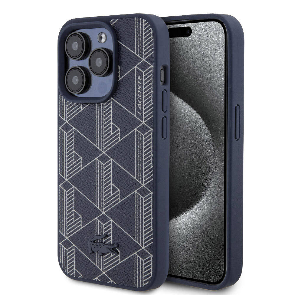Apple iPhone 15 Pro Max Uyumlu Kılıf Lacoste Orjinal Lisanslı M-safe Şarj Özellikli PU Deri Görünümlü Karışık Monogram Desenli Kapak