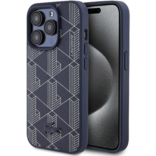 Apple iPhone 15 Pro Max Uyumlu Kılıf Lacoste Orjinal Lisanslı M-safe Şarj Özellikli PU Deri Görünümlü Karışık Monogram Desenli Kapak