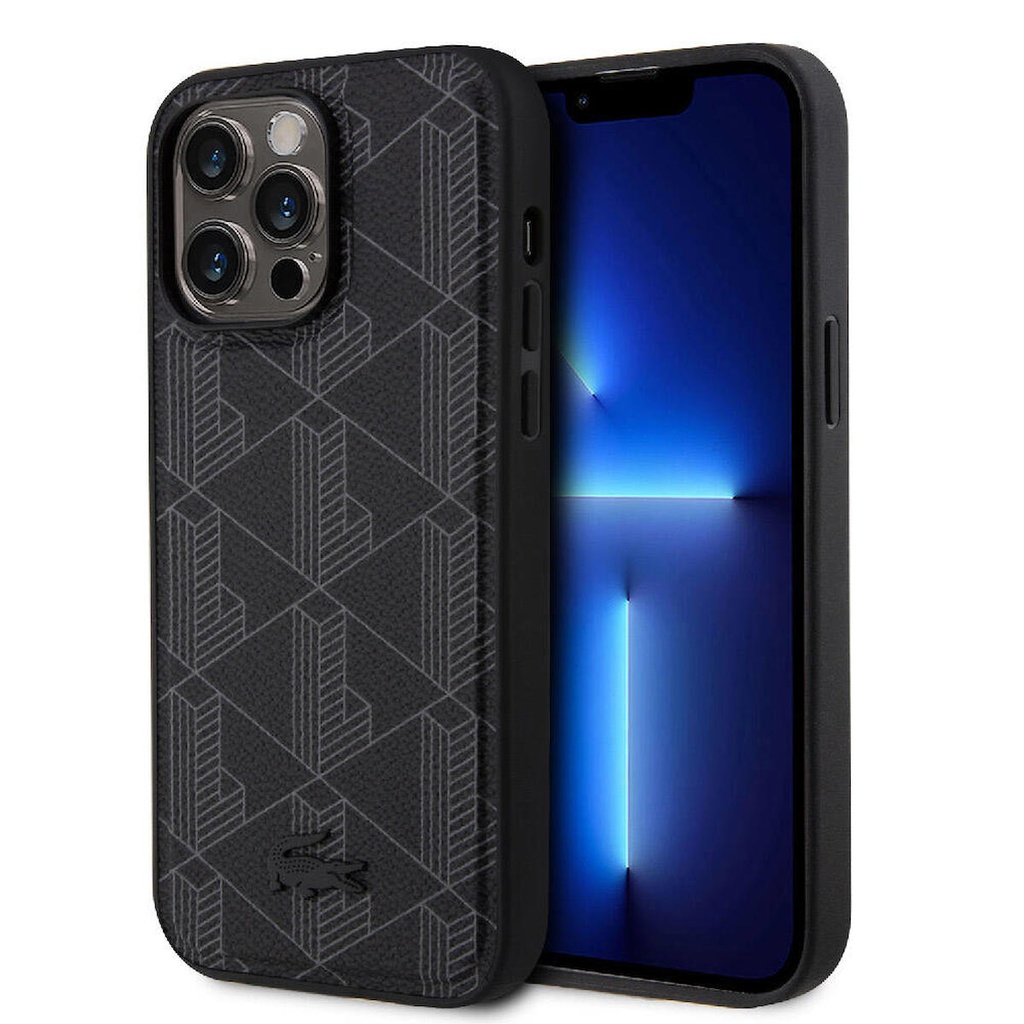 [ZTA97593] Apple iPhone 15 Pro Max Uyumlu Kılıf Lacoste Orjinal Lisanslı M-safe Şarj Özellikli PU Deri Görünümlü Karışık Monogram Desenli Kapak (Siyah)