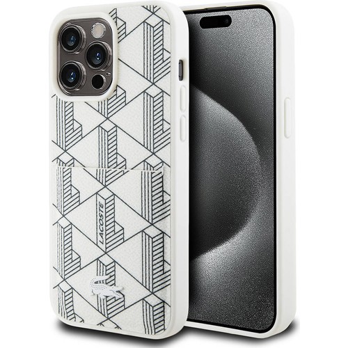 Apple iPhone 15 Pro Uyumlu Kılıf Lacoste Orjinal Lisanslı M-safe Şarj Özellikli PU Deri Görünümlü Kartlıklı Karışık Monogram Desenli Kapak
