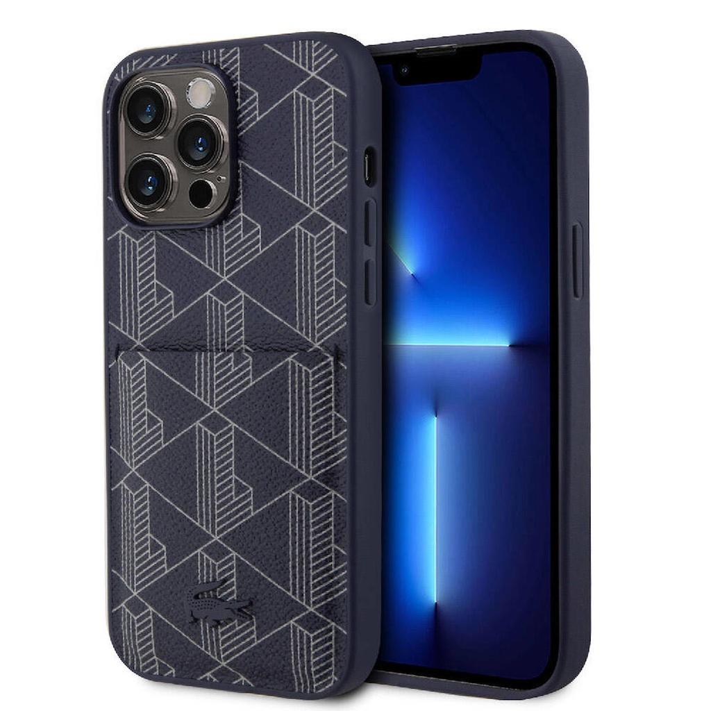 Apple iPhone 15 Pro Uyumlu Kılıf Lacoste Orjinal Lisanslı M-safe Şarj Özellikli PU Deri Görünümlü Kartlıklı Karışık Monogram Desenli Kapak