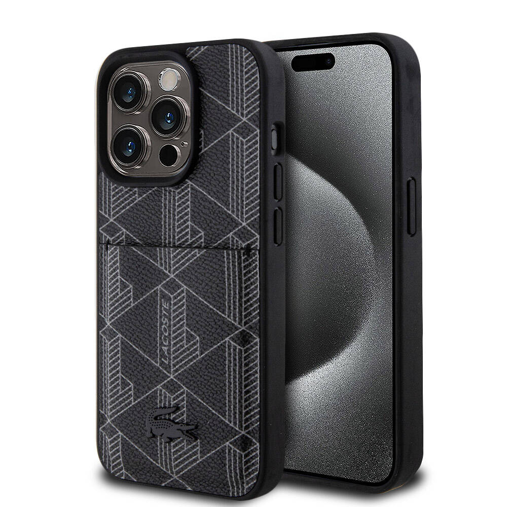 [ZTA97596] Apple iPhone 15 Pro Uyumlu Kılıf Lacoste Orjinal Lisanslı M-safe Şarj Özellikli PU Deri Görünümlü Kartlıklı Karışık Monogram Desenli Kapak (Siyah)