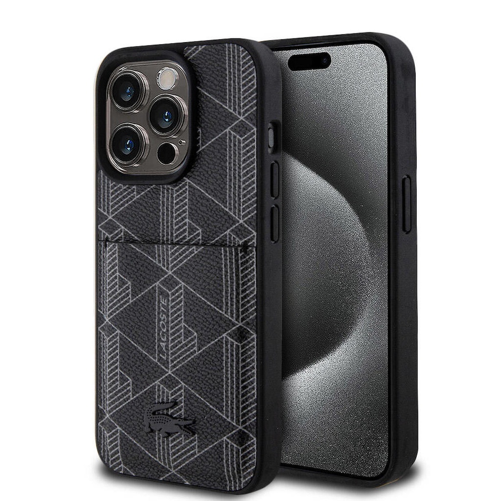 Apple iPhone 15 Pro Uyumlu Kılıf Lacoste Orjinal Lisanslı M-safe Şarj Özellikli PU Deri Görünümlü Kartlıklı Karışık Monogram Desenli Kapak