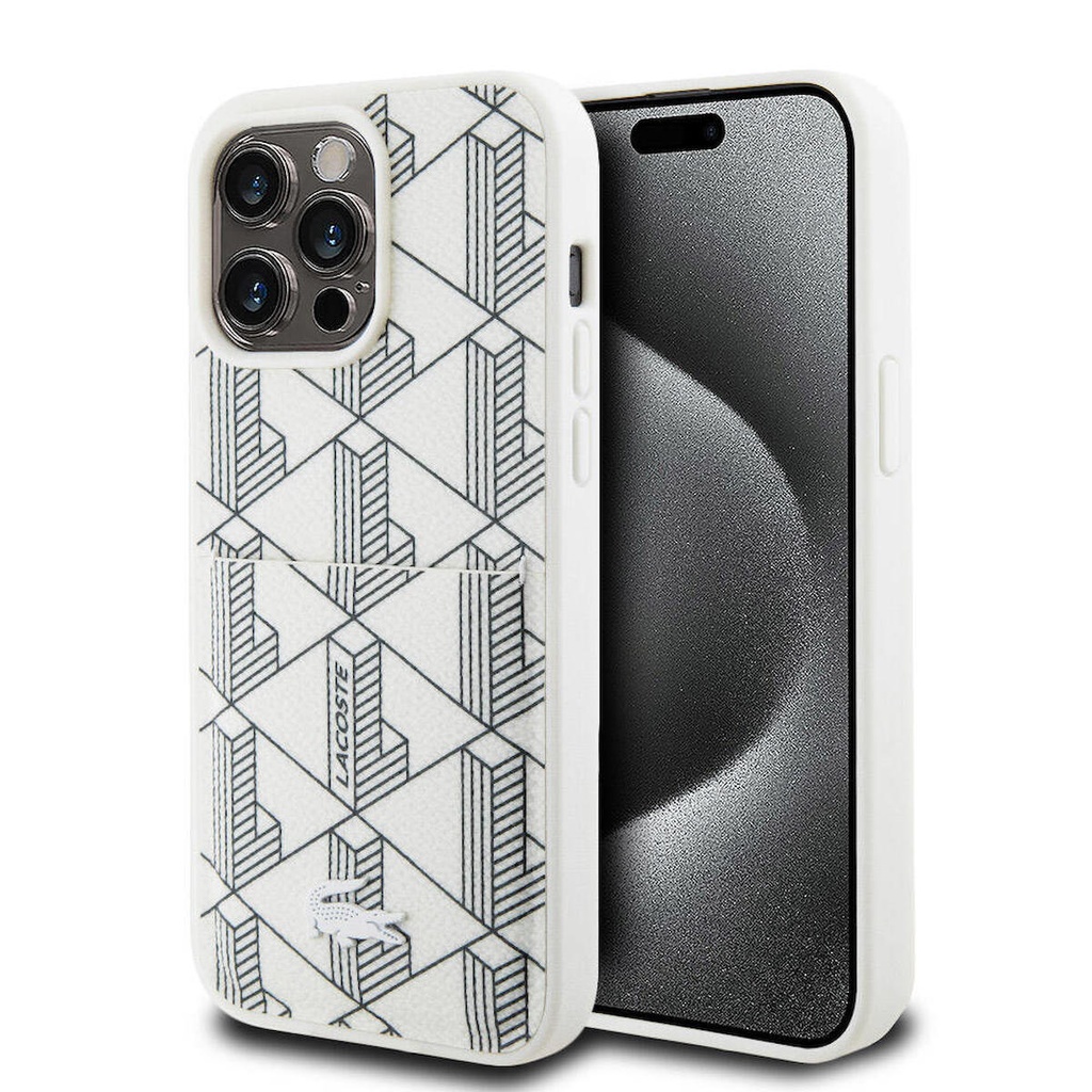 Apple iPhone 15 Pro Max Uyumlu Kılıf Lacoste Orjinal Lisanslı M-safe Şarj Özellikli PU Deri Görünümlü Kartlıklı Karışık Monogram Desenli Kapak