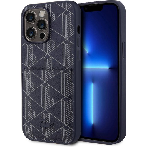 Apple iPhone 15 Pro Max Uyumlu Kılıf Lacoste Orjinal Lisanslı M-safe Şarj Özellikli PU Deri Görünümlü Kartlıklı Karışık Monogram Desenli Kapak