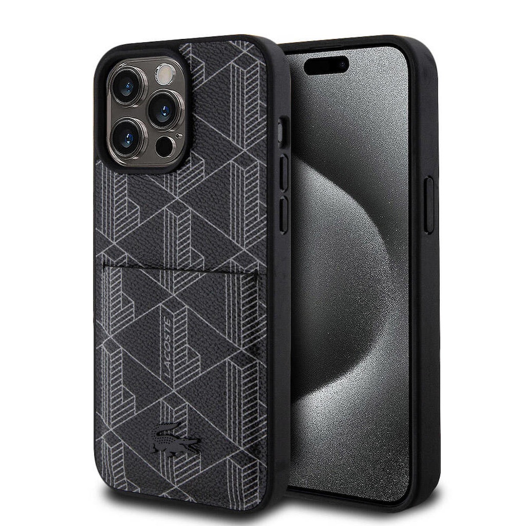 Apple iPhone 15 Pro Max Uyumlu Kılıf Lacoste Orjinal Lisanslı M-safe Şarj Özellikli PU Deri Görünümlü Kartlıklı Karışık Monogram Desenli Kapak