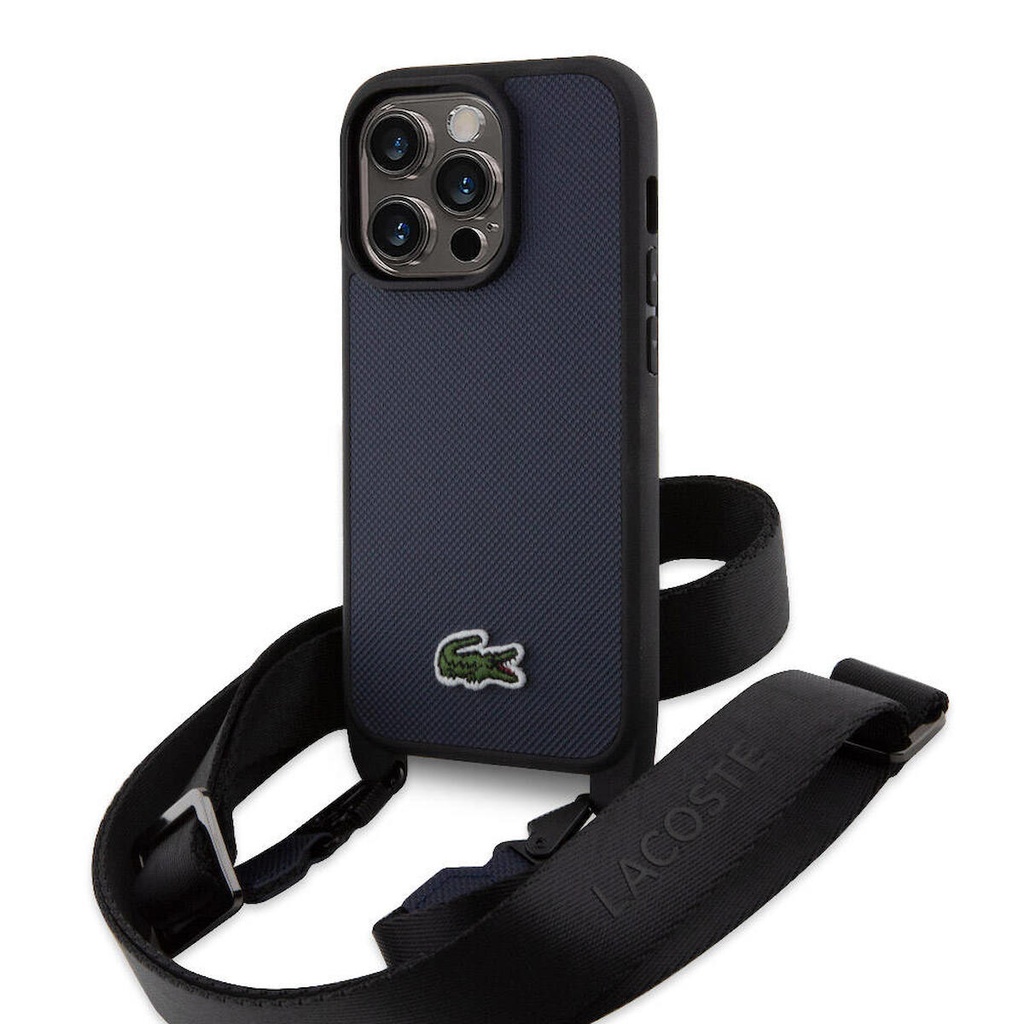 Apple iPhone 14 Pro Uyumlu Kılıf Lacoste Orjinal Lisanslı PU Pike Desenli Arka Yüzey Askılı İkonik Timsah Dokuma Logolu Kapak