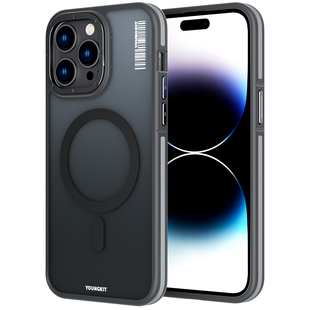 [RNZ-TA87863] Apple iPhone 14 Pro Uyumlu Kılıf M-safe Şarj Özellikli Youngkit Rock Sand Serisi Kapak (Siyah)