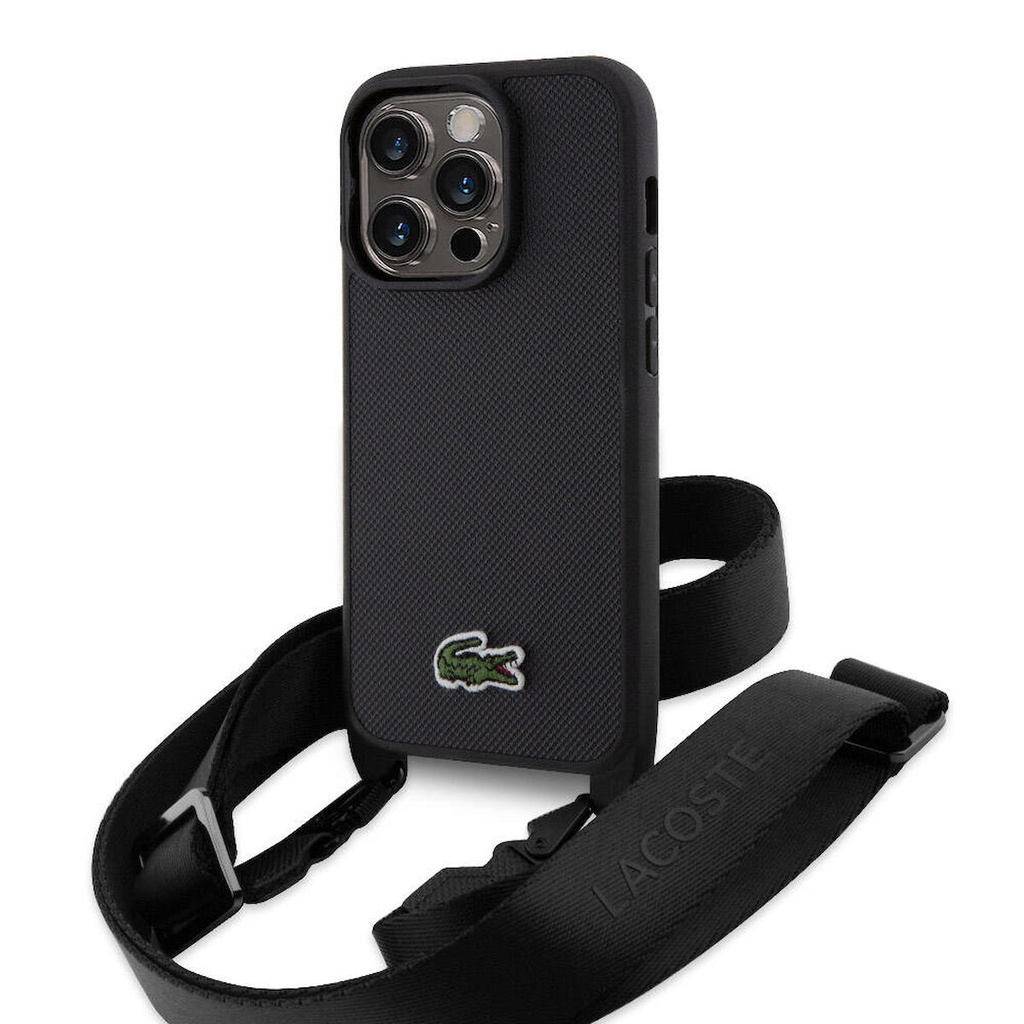 [ZTA97806] Apple iPhone 15 Pro Uyumlu Kılıf Lacoste Orjinal Lisanslı PU Pike Desenli Arka Yüzey Askılı İkonik Timsah Dokuma Logolu Kapak (Siyah)