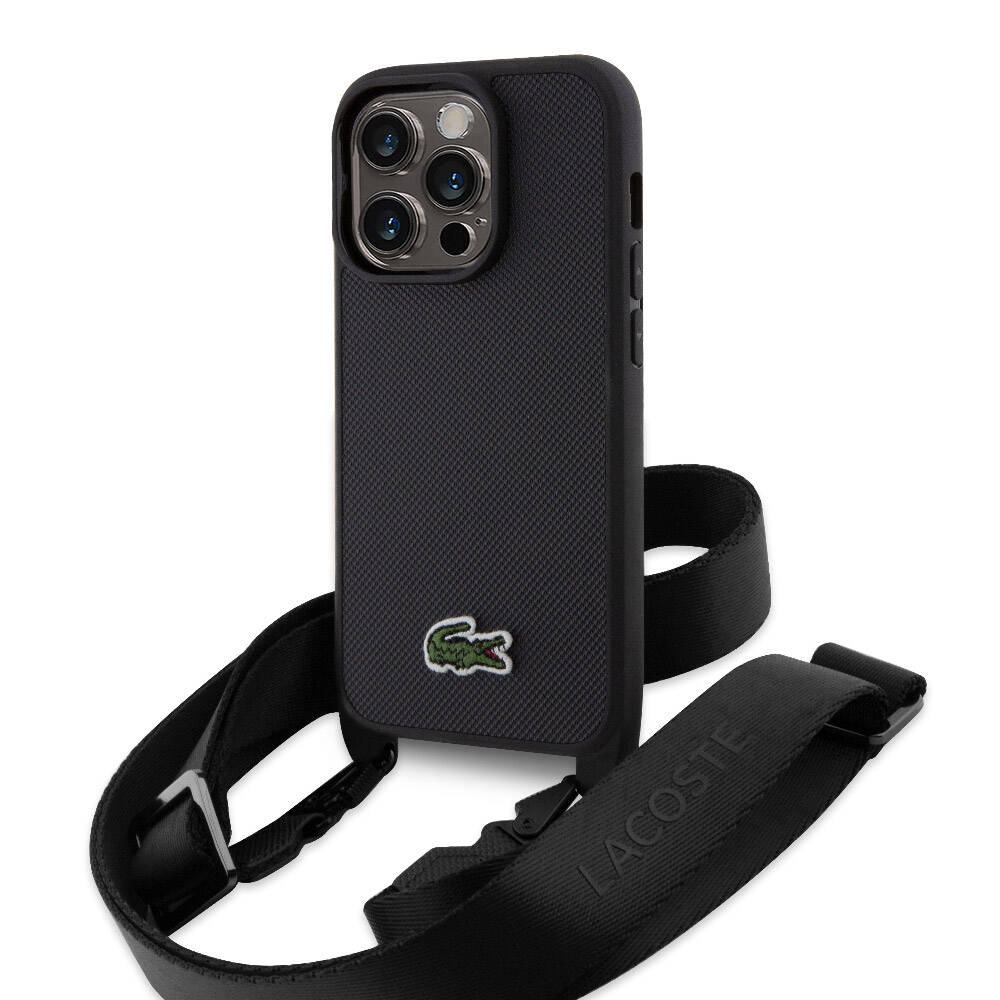 [ZTA97806] Apple iPhone 15 Pro Uyumlu Kılıf Lacoste Orjinal Lisanslı PU Pike Desenli Arka Yüzey Askılı İkonik Timsah Dokuma Logolu Kapak (Siyah)