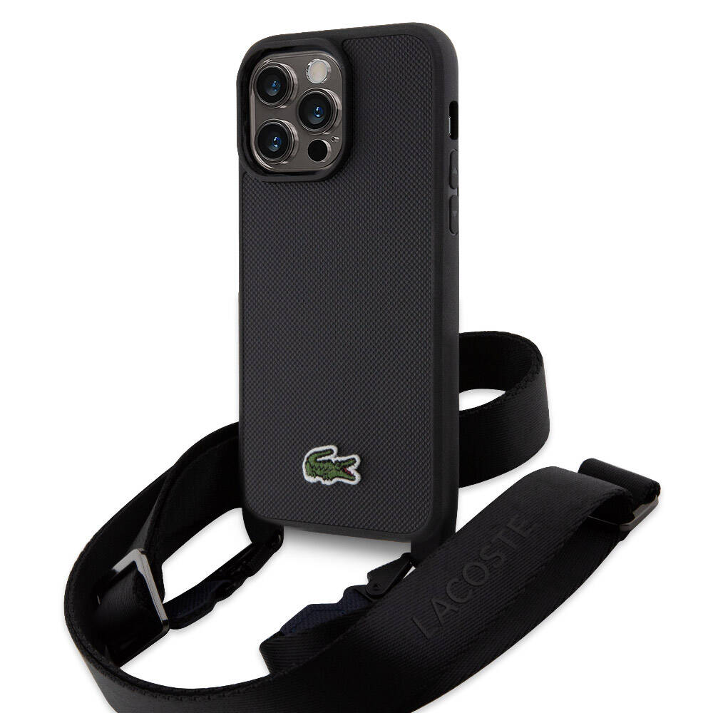 [ZTA97809] Apple iPhone 15 Pro Max Uyumlu Kılıf Lacoste Orjinal Lisanslı PU Pike Desenli Arka Yüzey Askılı İkonik Timsah Dokuma Logolu Kapak (Siyah)