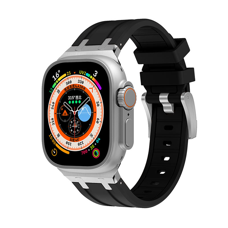 [RNZ-TA89798] Apple Watch 44mm Uyumlu Kordon Silikon Metal Tokalı Soft Yüzey Zore KRD-89 Kayış (Siyah)