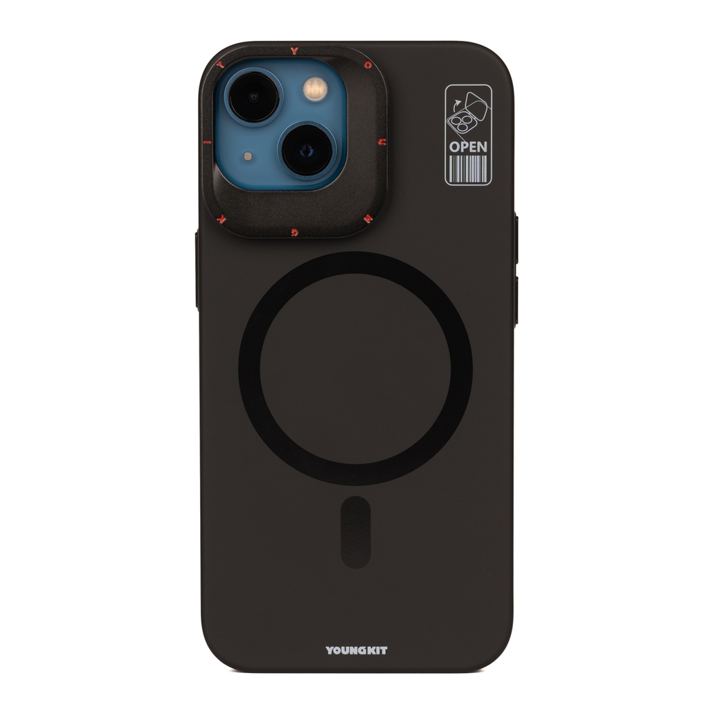 [RNZ-TA90014] Apple iPhone 14 Uyumlu Kılıf M-safe Şarj Özellikli Standlı YoungKit Hermit Bracket Serisi Kapak (Siyah)