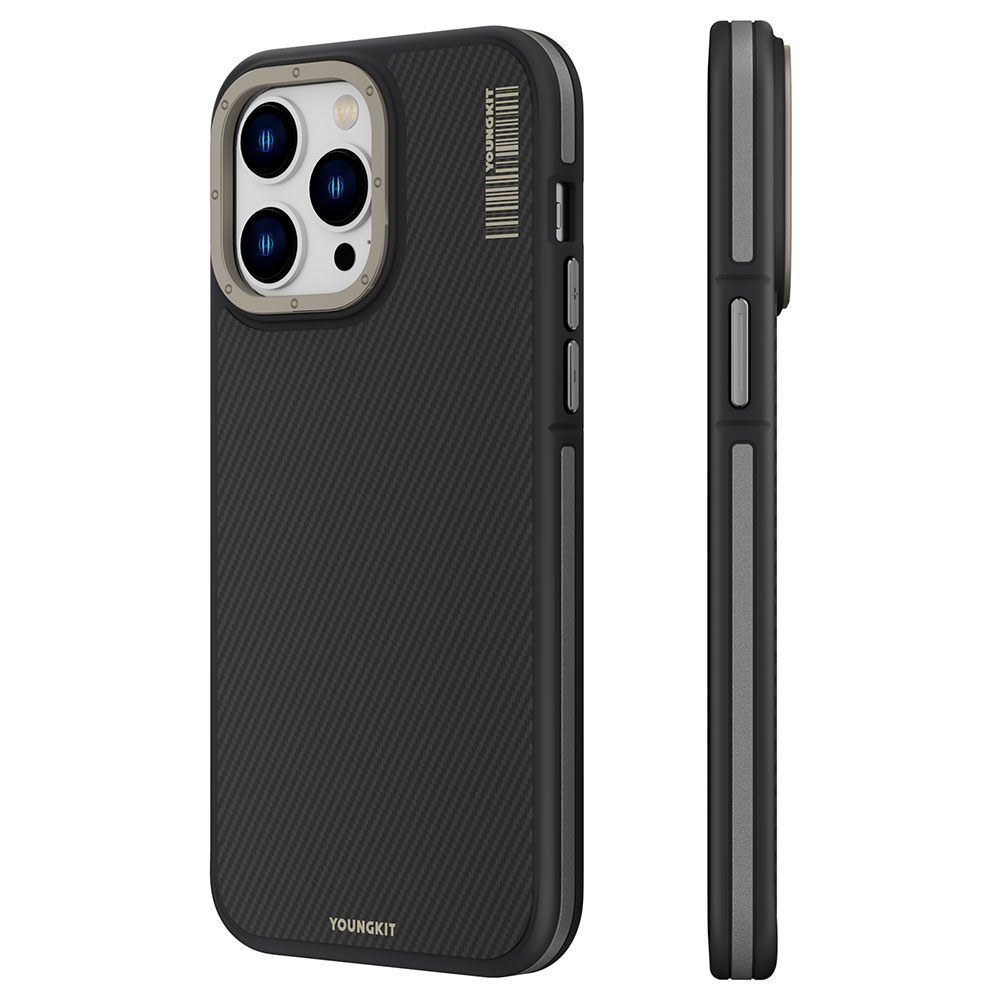 [RNZ-TA90339] Apple iPhone 14 Pro Uyumlu Kılıf M-safe Şarj Özellikli YoungKit 600D Kevlar Kapak (Siyah)