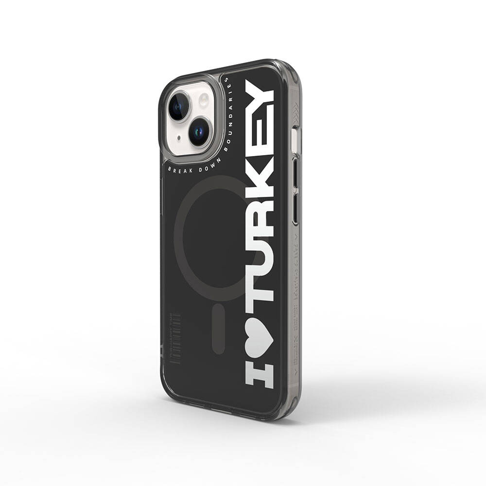 [RNZ-TA97696] Apple iPhone 15 Uyumlu Kılıf M-safe Şarj Özellikli I Love Turkey Yazı Desenli Wiwu Turkey E Serisi Kapak (Siyah)