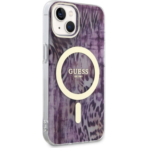 Apple iPhone 14 Uyumlu Kılıf GUESS M-safe Şarj Özellikli Leopar Desenli Kapak