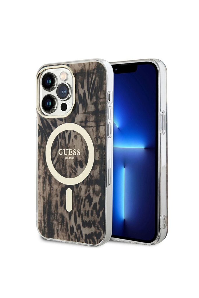 Apple iPhone 14 Pro Uyumlu Kılıf GUESS M-safe Şarj Özellikli Leopar Desenli Kapak