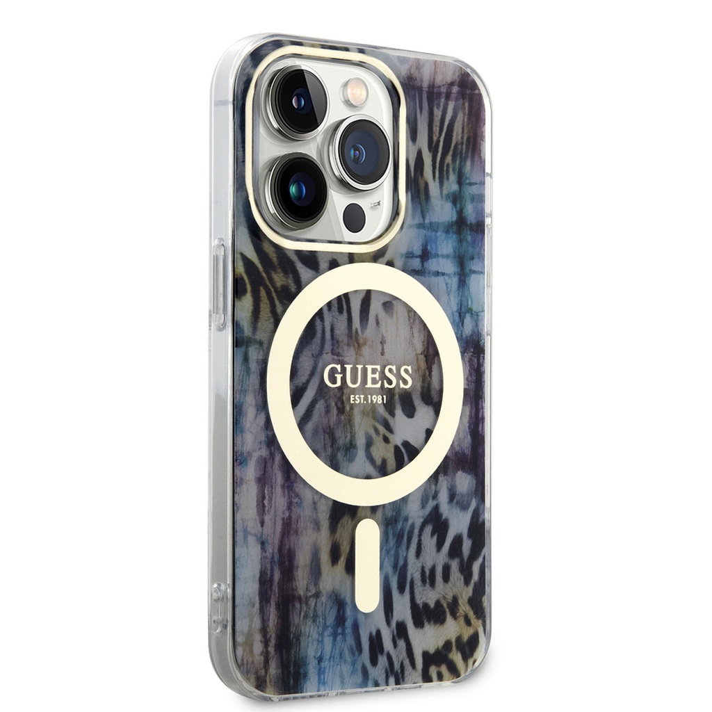 Apple iPhone 14 Pro Uyumlu Kılıf GUESS M-safe Şarj Özellikli Leopar Desenli Kapak