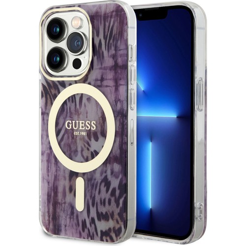 Apple iPhone 14 Pro Uyumlu Kılıf GUESS M-safe Şarj Özellikli Leopar Desenli Kapak