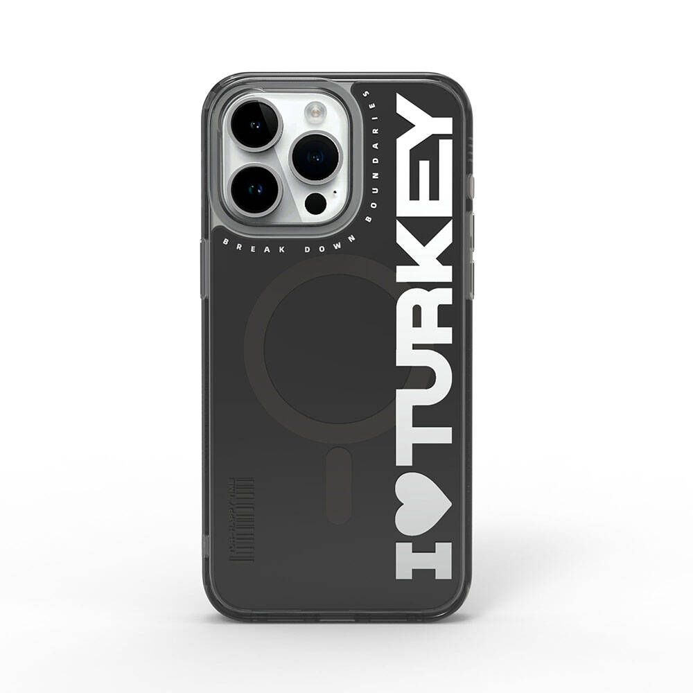 [RNZ-TA97692] Apple iPhone 15 Pro Max Uyumlu Kılıf M-safe Şarj Özellikli I Love Turkey Yazı Desenli Wiwu Turkey E Serisi Kapak (Siyah)