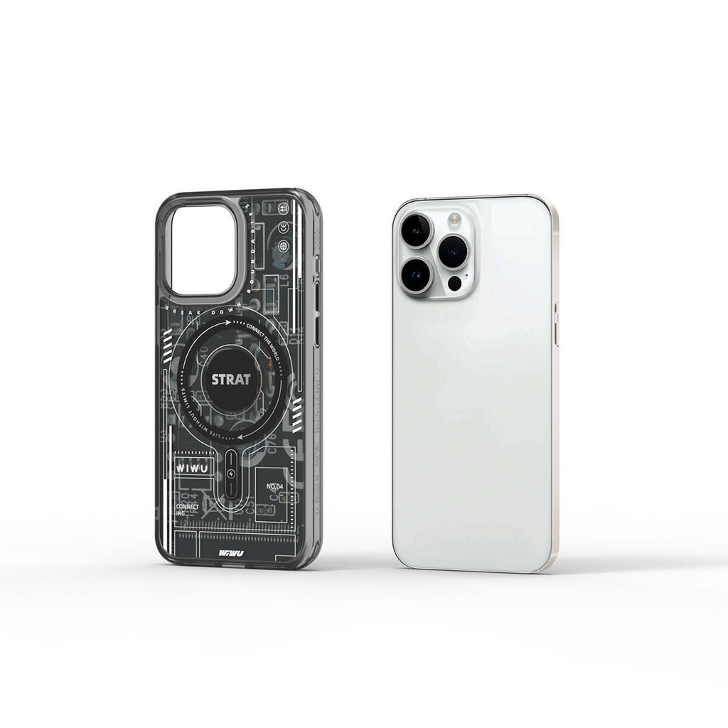 [RNZ-TA97715] Apple iPhone 15 Pro Max Uyumlu Kılıf M-safe Şarj Özellikli Desenli Wiwu Mecha Circuit H Serisi Kapak (Siyah)