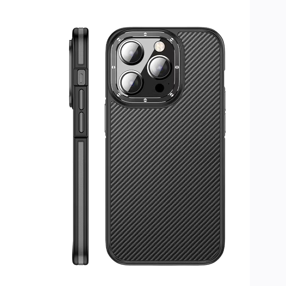 [RNZ-TA91027] Apple iPhone 14 Pro Max Uyumlu Kılıf Mat Transparan Karbon Fiber Görünümlü Wlons Marin Kapak (Siyah)