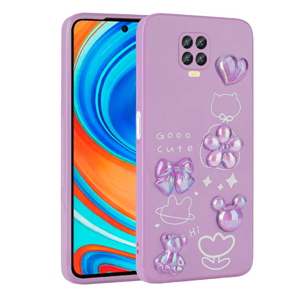 [RNZ-TA97745] Xiaomi Redmi Note 9S Uyumlu Kılıf Kabartma Figürlü Parlak Zore Toys Silikon Kapak (Mor)