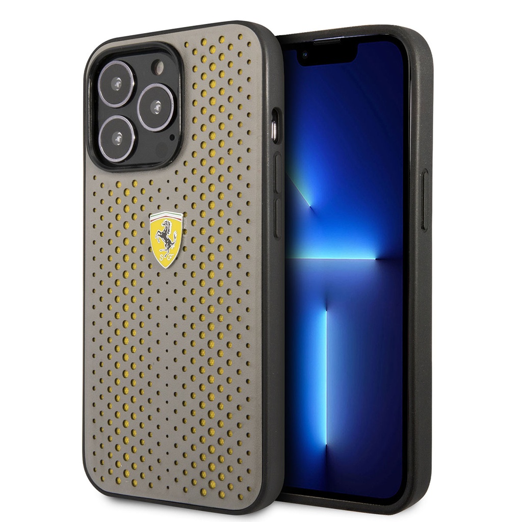 [ZTA91631] Apple iPhone 14 Pro Uyumlu Kılıf Ferrari Deri Sarı Noktalı Dizayn Kapak