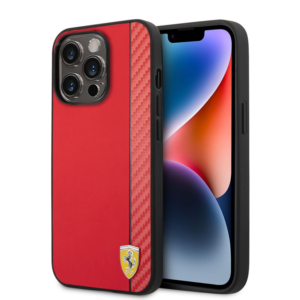 Apple iPhone 14 Pro Max Uyumlu Kılıf Ferrari M-safe Şarj Özellikli PU Deri Karbon Şeritli Dizayn Kapak