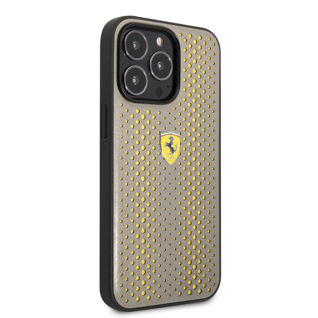 Apple iPhone 14 Pro Max Uyumlu Kılıf Ferrari Deri Sarı Noktalı Dizayn Kapak