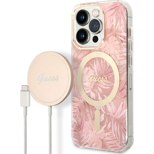 Apple iPhone 14 Pro Uyumlu Kılıf GUESS M-safe Şarj Özellikli Yaprak Desenli M-safe Şarj Kablolu Kapak