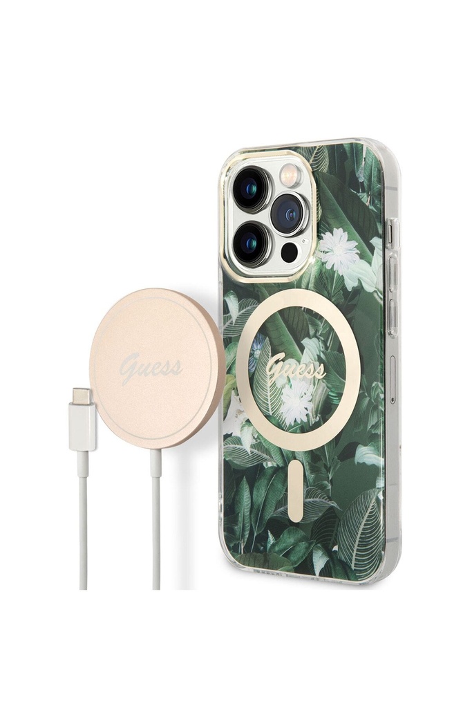 Apple iPhone 14 Pro Uyumlu Kılıf GUESS M-safe Şarj Özellikli Yaprak Desenli M-safe Şarj Kablolu Kapak