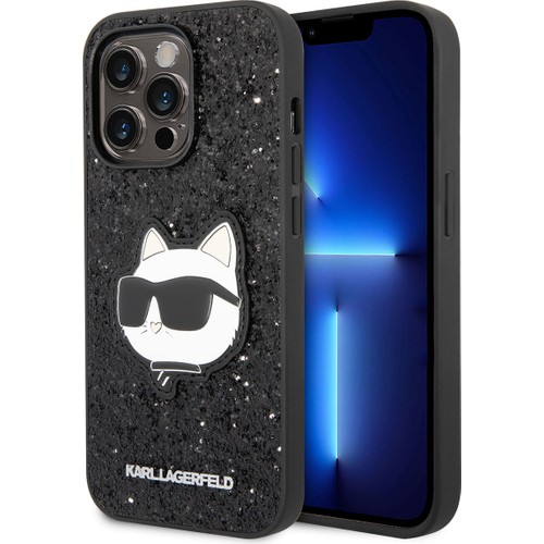 [ZTA92282] Apple iPhone 14 Pro Uyumlu Kılıf Karl Lagerfeld Parlak Taşlı Choupette Dizayn Kapak (Siyah)